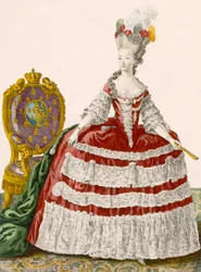 Vestido de corte de dama en cereza oscuro, grabado por Patas, placa no.44 de 